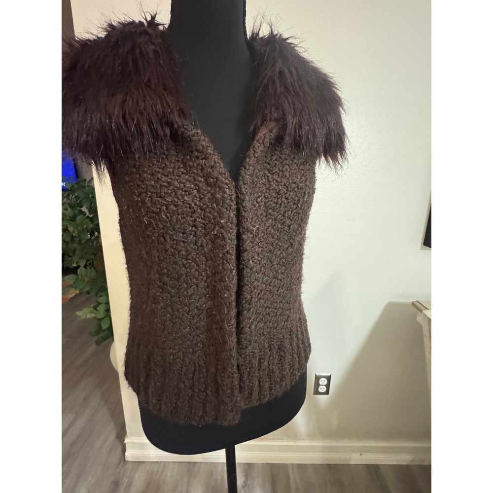 Ann Taylor Loft Brown Faux Fur Collar Wool Blend Knit Sweater Vest XXSP